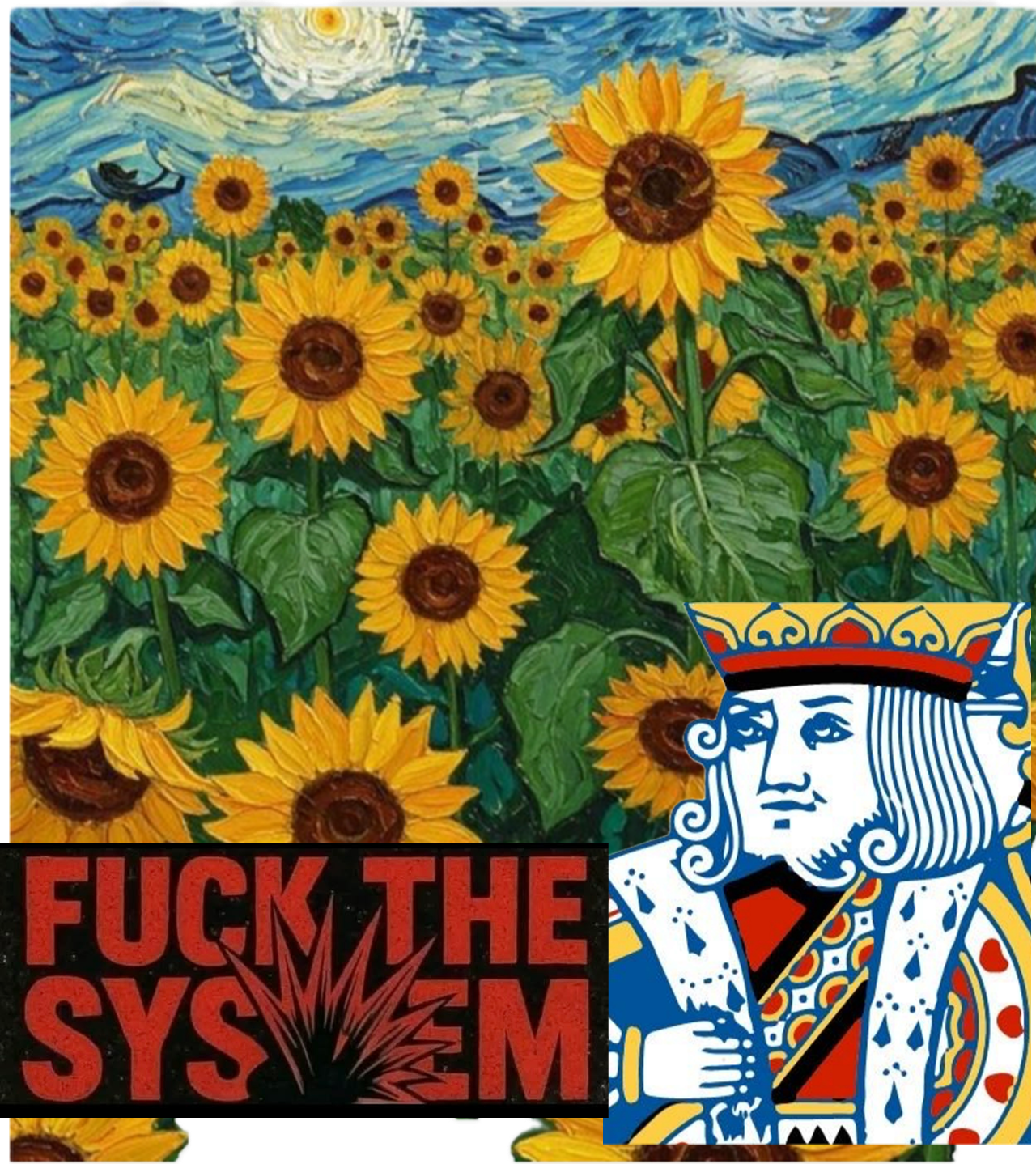 Sunflowers, Fight Club poster, and playing card collage